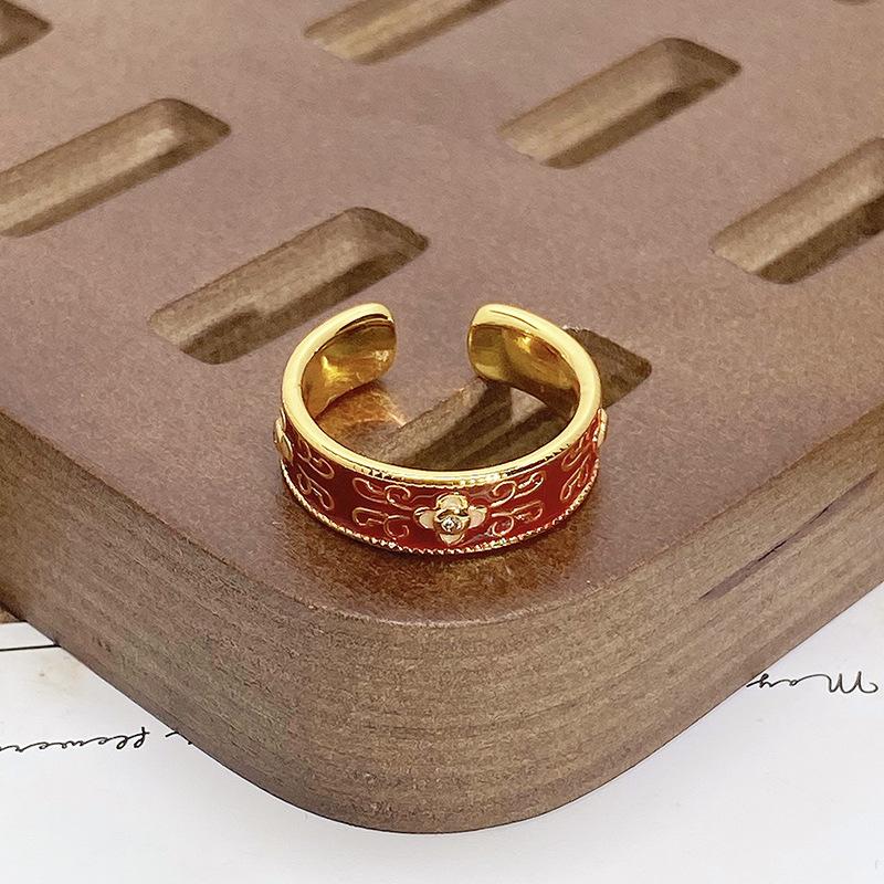 Court Style Medieval Red Lucky Transfer Enamel Drip Oil Opening Ring Butterfly High Sense Ring Woman