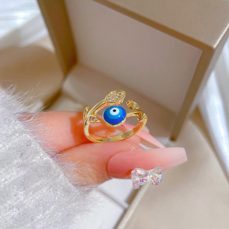 Real Gold Electroplated Leaf Eyes Zircon Fashion Slightly Inlaid Light Luxury Ring Index Finger Ring Same Cold Wind