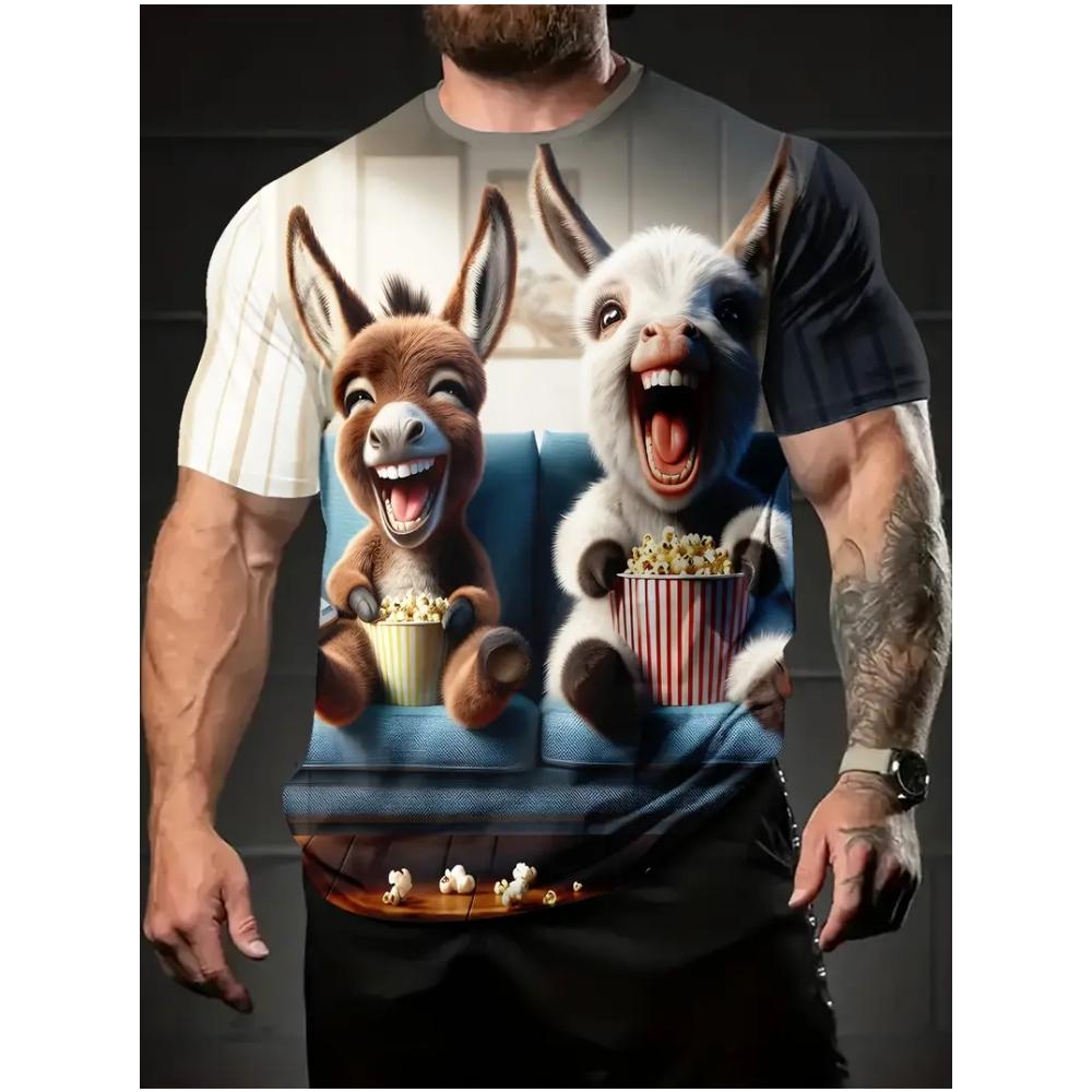 Men's Fun Cartoon Donkey Print Short Sleeve Cute Round Neck T-Shirt, Lightweight Quick-Dry Spring and Summer Travel Beach Top