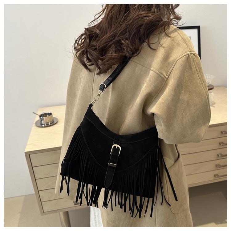 Korean Style Suede Faux Leather Square Bag Tassel Fringe Crossbody Shoulder Purse for Women