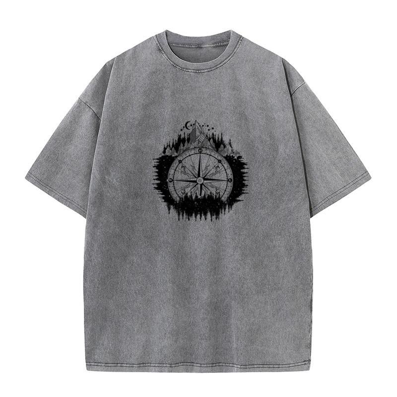 Premium Cotton Mans Short Sleeve Stylish Compass vintage Washed T Shirts Geek Tees Retro Gift ONeck Washed T Shirts