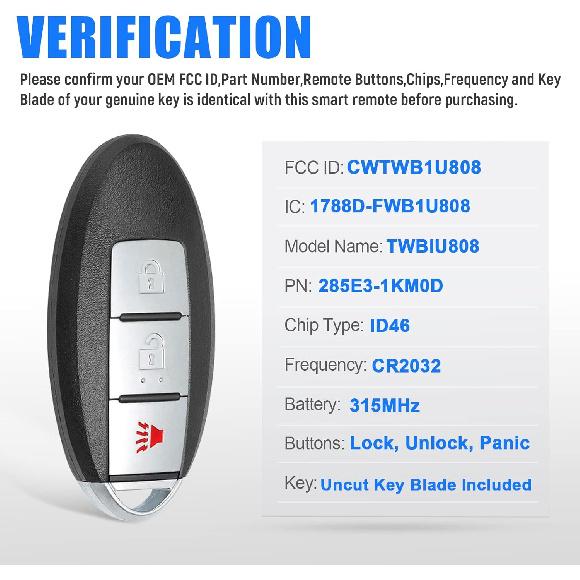 keyless Entry Remote car Key fob Replacement for for Nissan Cube Juke Leaf Quest CWTWB1U808 315MHz
