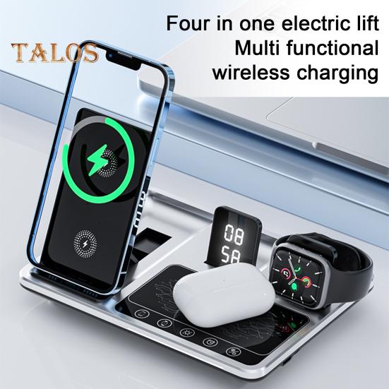 4 in 1 Wireless Charger Stand with Alarm Clock & Night Light Foldable Fast Charging Dock One-Key Lifting Smartwatch Charging Stand for IPhone