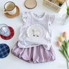 Summer Girls Dopamine Sweet Cartoon Striped Top With Bud Shorts Lace Trim Two Piece Set Cute Kids Outfit