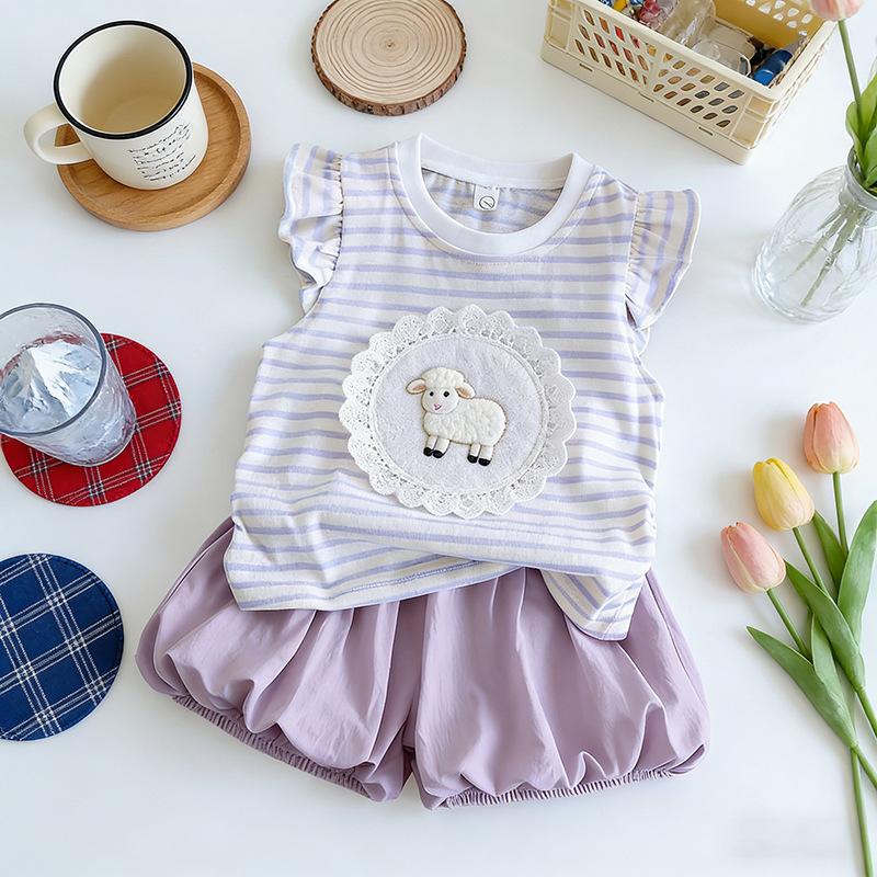 Summer Girls Dopamine Sweet Cartoon Striped Top With Bud Shorts Lace Trim Two Piece Set Cute Kids Outfit
