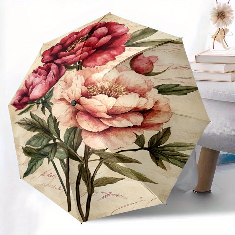 

1pc Vintage Peonies Floral Art Print Automatic Folding Umbrella - Portable Foldable Travel Umbrella with 8-Rib Durable Frame, (as the picture,Iron&8K)