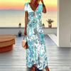 Women Plus Size V Neck Short Sleeve Maxi Dress Retro Paisley Print Loose Fit Summer Beach Long Dress