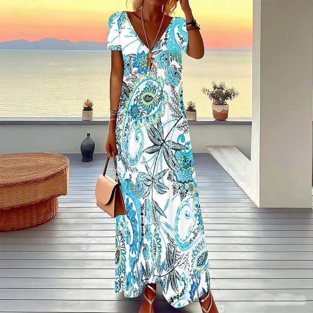 Women Plus Size V Neck Short Sleeve Maxi Dress Retro Paisley Print Loose Fit Summer Beach Long Dress