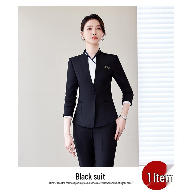 Women's Black Suit Set for Professional Reception & Hotel Work, Spring to Winter Attire.