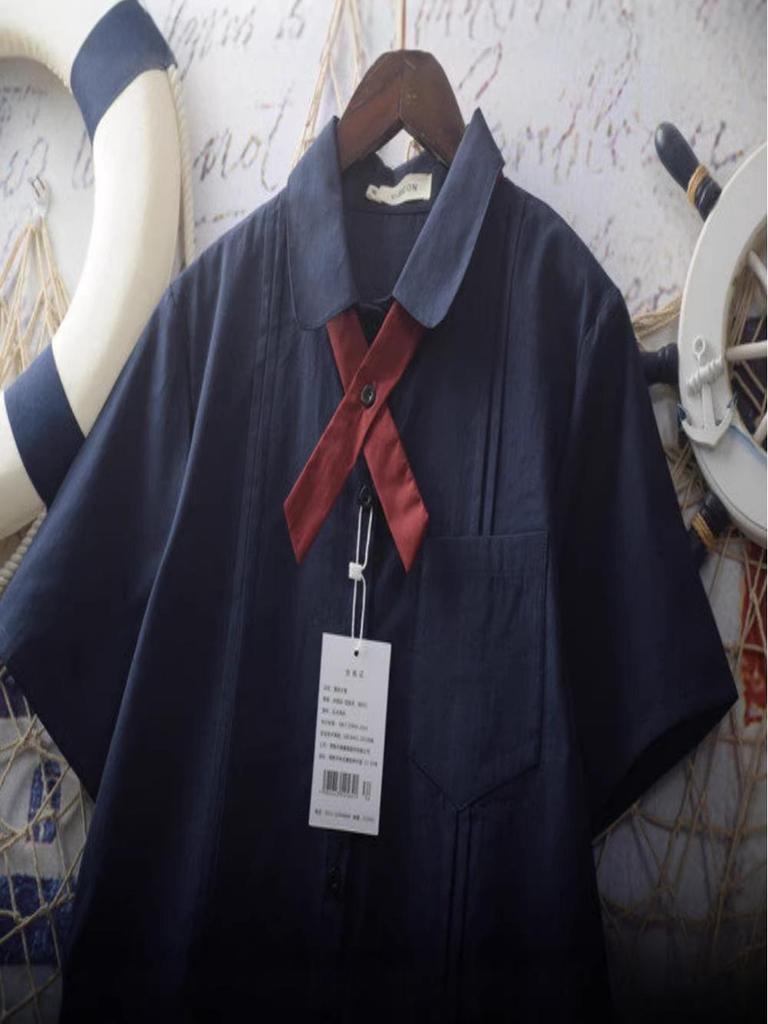 Women's Summer Loose Fit Bellows-Pleated Short-Sleeve Shirt with Bow Tie - Japanese School Style