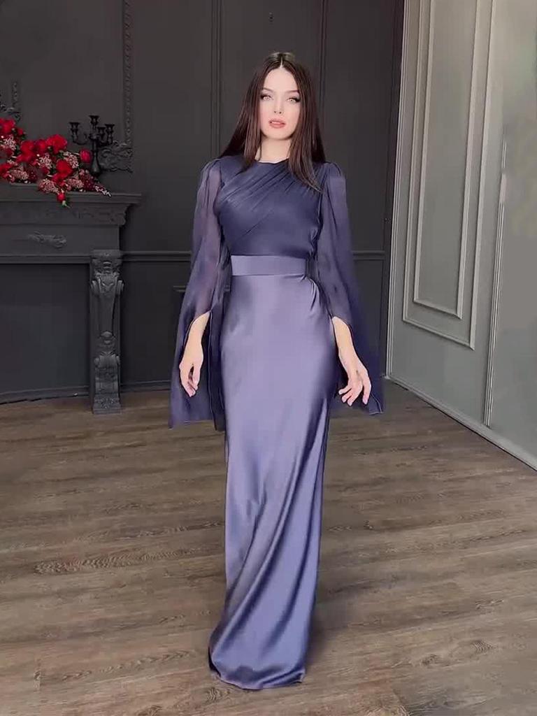 2025 Spring Socialite Slimming Spliced Glass Yarn Long Sleeve Satin Dress