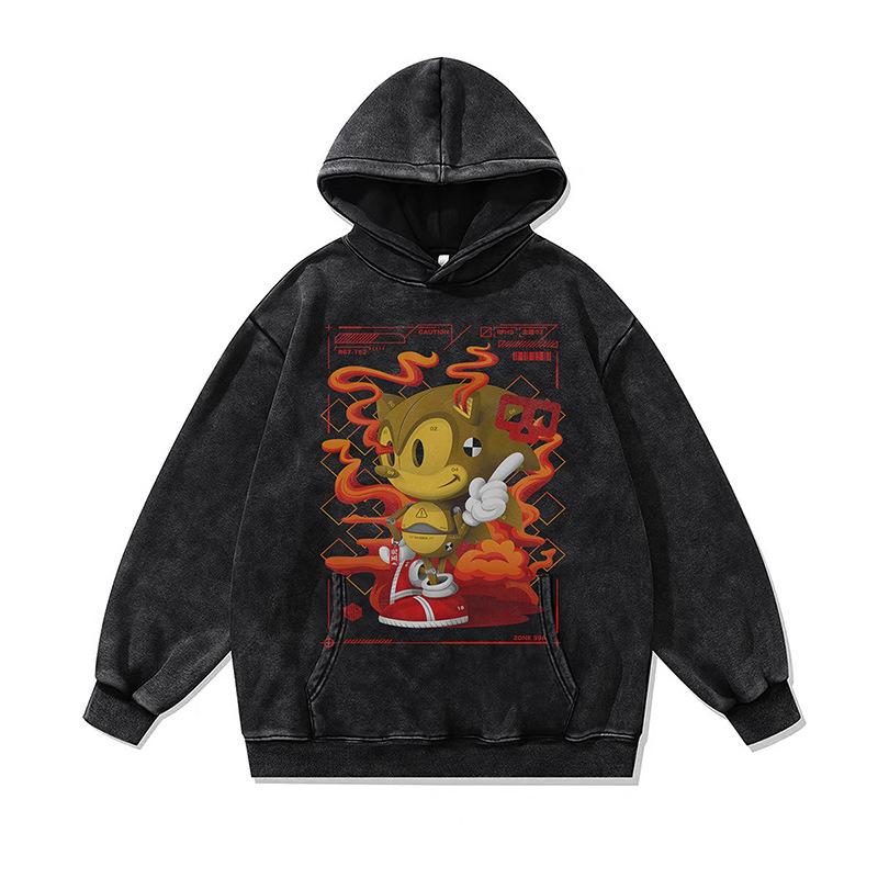 Dark Two-Dimensional Cartoon Digital Direct Injection Printing Hooded Sweater For Men And Women Washed And Old Hoodie