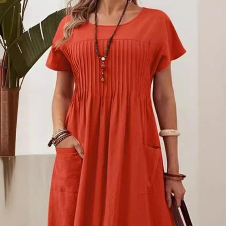 Summer Cotton Linen Dress Plus Size Women Short Sleeve Round Neck Solid Color Pleated Pocket S-5XL