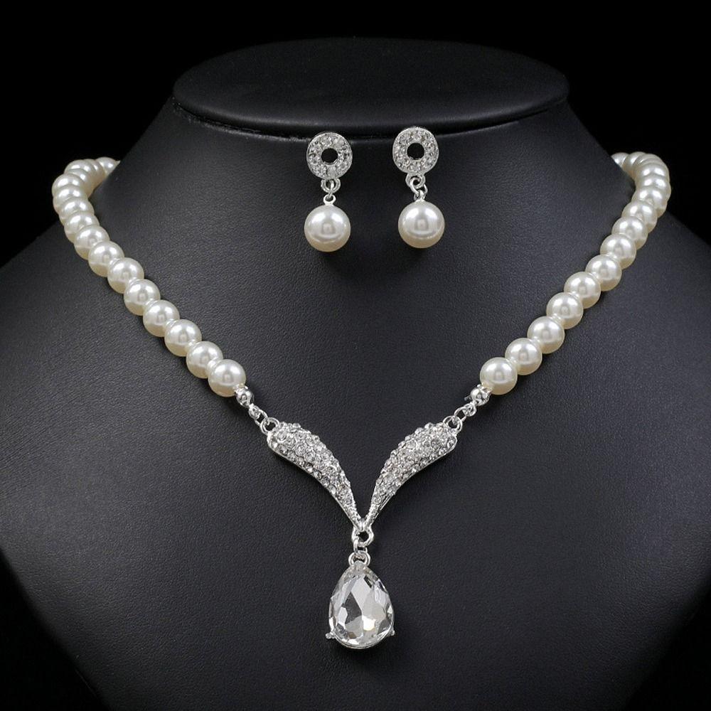 Korean Style Women Necklace Dangle Earrings Water Drop Earrings Bridal Wedding Jewelry Set