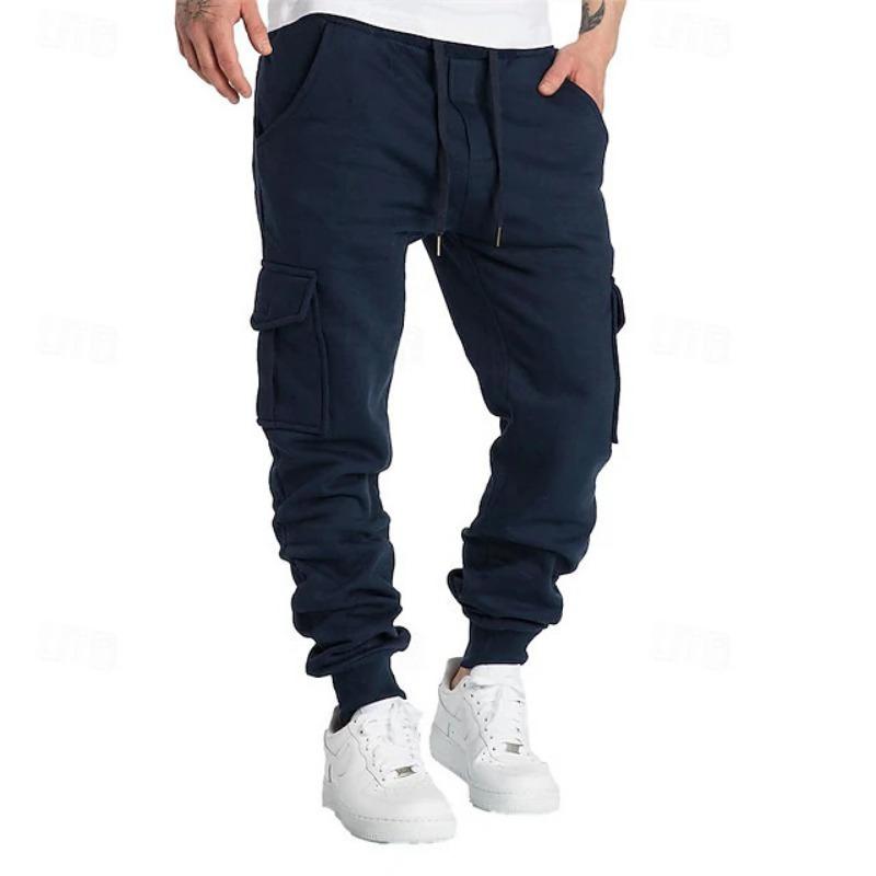 Mens Retro Casual Cargo Pants Loose Multi Pocket Drawstring Long Trousers