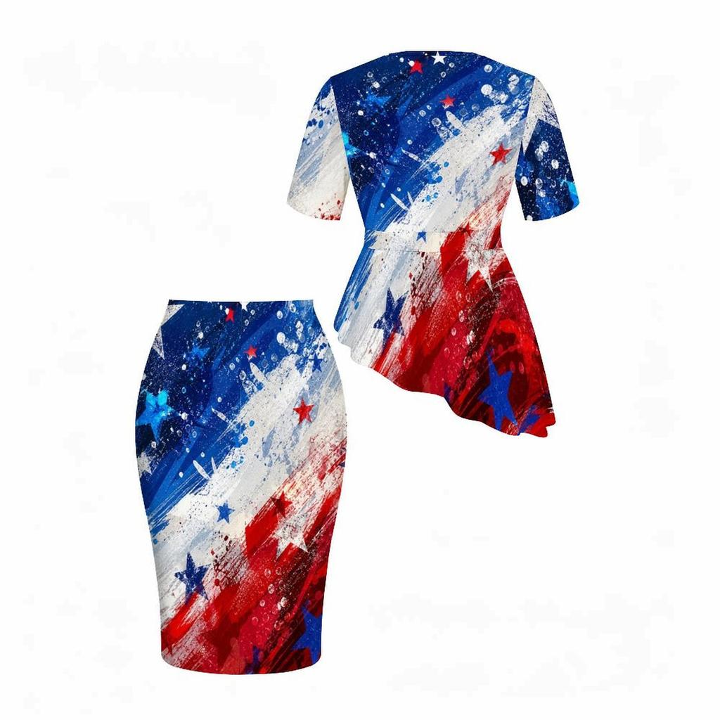Women Plus Size White Star Printed Round Neck Short Sleeve Two Piece Set Asymmetric Top Pencil Skirt