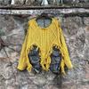 Womens 2-Piece Set Denim Knit Patchwork Tassel Sweater Harem Pants Streetwear