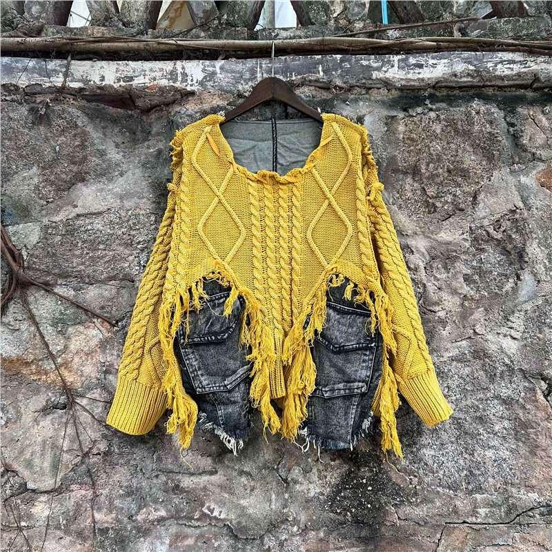 Womens 2-Piece Set Denim Knit Patchwork Tassel Sweater Harem Pants Streetwear