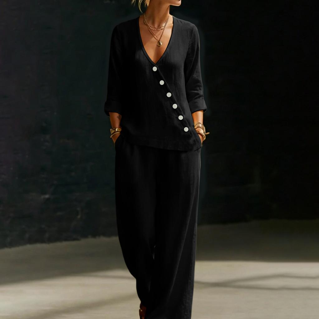 Women's Color Temperament Loose V-neck Button Shirt Wide Leg Pants Two-piece Set