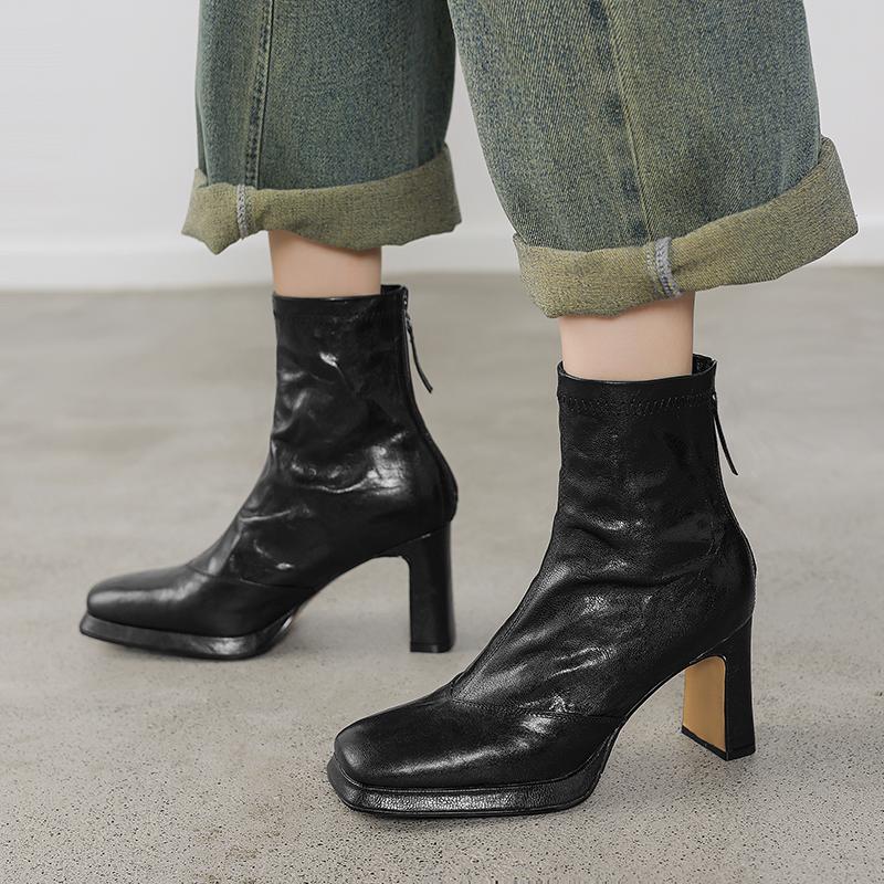 Krazing Pot Sheepskin Winter Square Thick High Heels Chelsea Boots Women Zipper Platform Ankle Boots