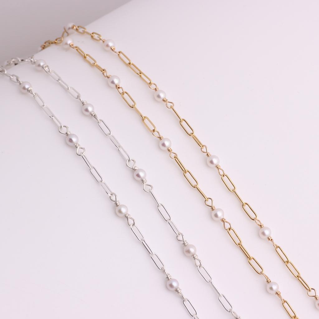 14K Gold Filled/S925 Silver 5.5*2mm Paperclip Chain Beaded 3.5mm Fresh Water Pearl for DIY Permanent Necklace Bracelet Jewelry