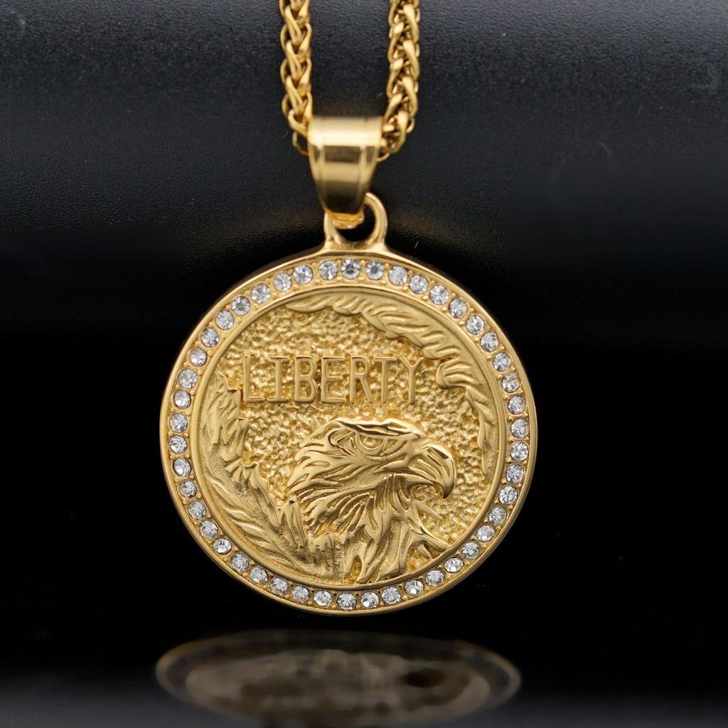 HIP Hop Round 316L Stainless Steel Mens Eagle Pendant Necklace with Rhinestone Jewelry Men