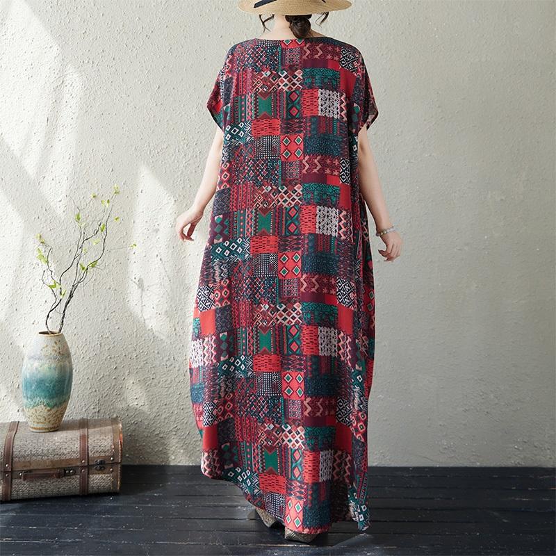 Krátký rukáv Plus size Bavlněné vintage květinové nové šaty pro ženy ležérní volné dlouhé letní šaty