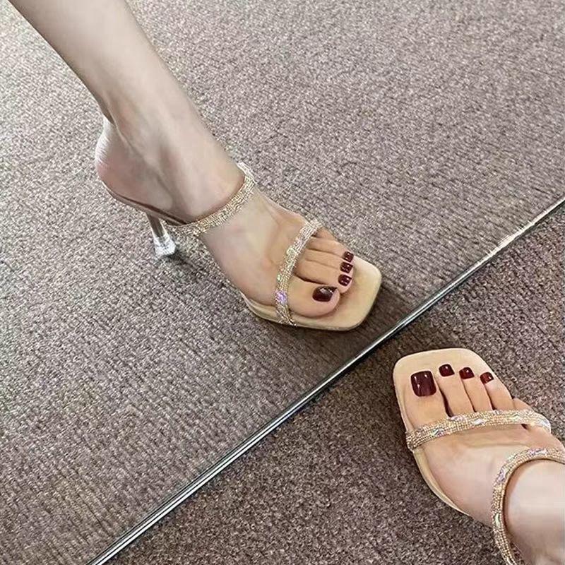 Thin heel transparent one-word strap high heel half-drag women's sandals 2025 summer new rhinestone high heels fairy style slippers