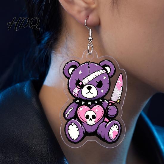 Eye Catching Theme Party Jewelry 1 Pair Halloween Dangle Earrings for Women 2D Acrylic Cute Gift Dark Style Lovers Skeleton Bear Earrings,