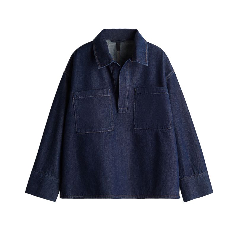 

Весенне-летняя женская одежда Хлопковая рубашка из денима с V-образным вырезом, длинными рукавами и прямым низом, пуловер большого силуэта 1268625 Deep cowboy Blue L