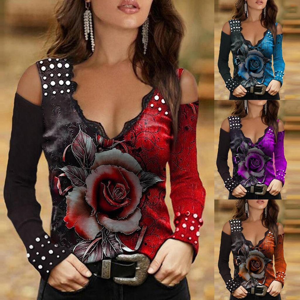 Women's Fashion Loose Print V-neck Off Shoulder Long Sleeve T-shirt Tops