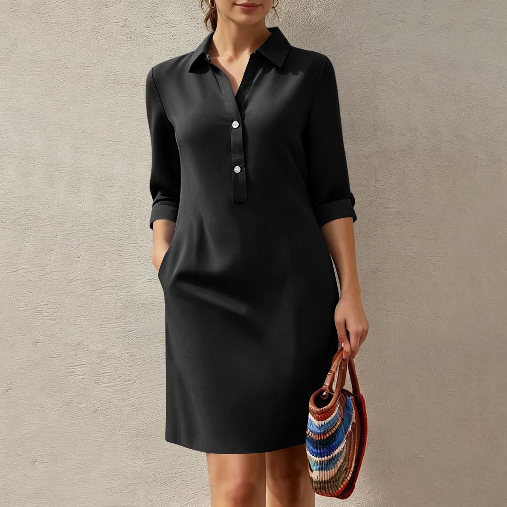 Abito Chemisier Casual da Donna Vestibilità Larga Abbottonatura Frontale Dettaglio Tasca Manica a Tre Quarti Collo Maniche Lunghe Abito Tunica per l'Uso Quotidiano