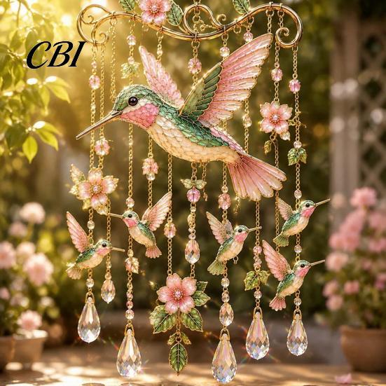 Yard Art for Outside Hummingbird Wind Chime, Chimes Outside, Stained Glass & Crystal Sun Catcher Hanging Bird Ornament Windchime, Colorful Decorations