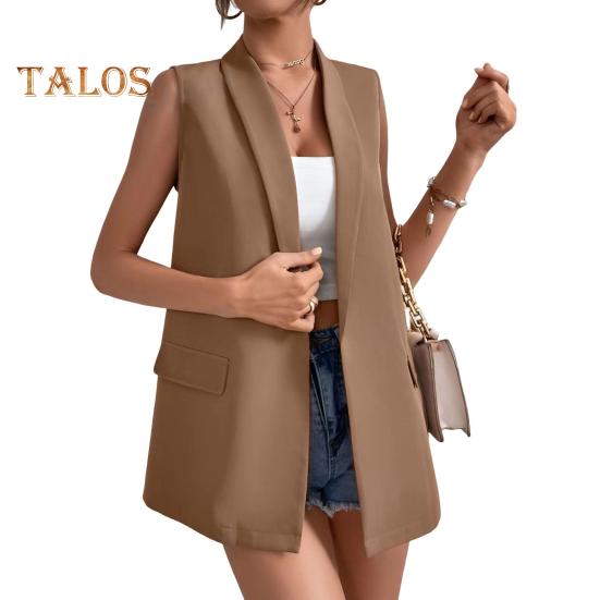 

Женский жилет с лацканами, без рукавов, с клапанами, карманами, средней длины, пиджак, однотонный, с открытым передом, деловой жилет S верблюд