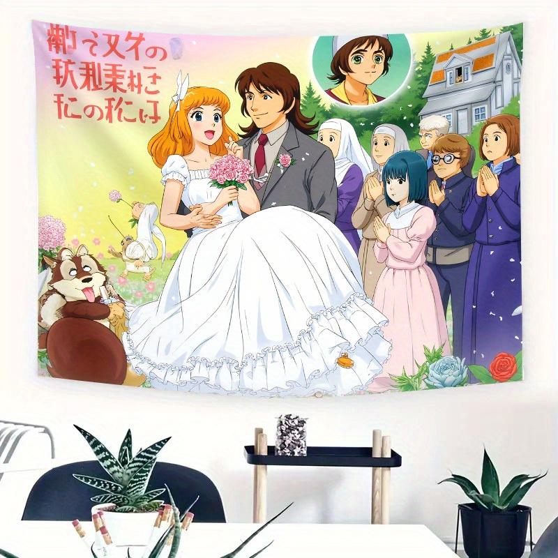 

Anime Wedding Tapestry Cute Cartoon Bride and Groom Scene Colorful Retro Style for Bedroom or Dorm Decor 74x94cm(29x37in)