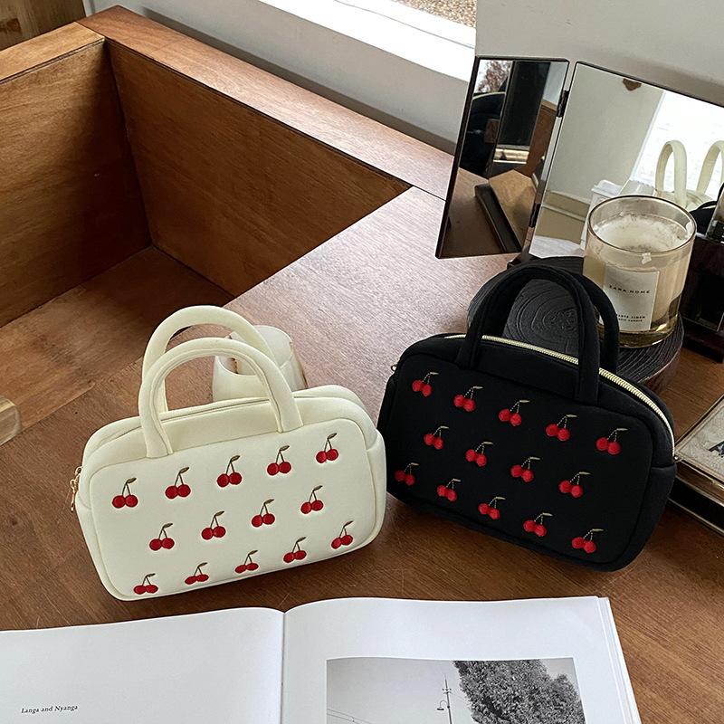 Embroidered Cherry Cosmetic Bags Handbag Earphone Lipsticks Sanitary Pads Storage Organizer Pouch Portable Women's Makeup Bag