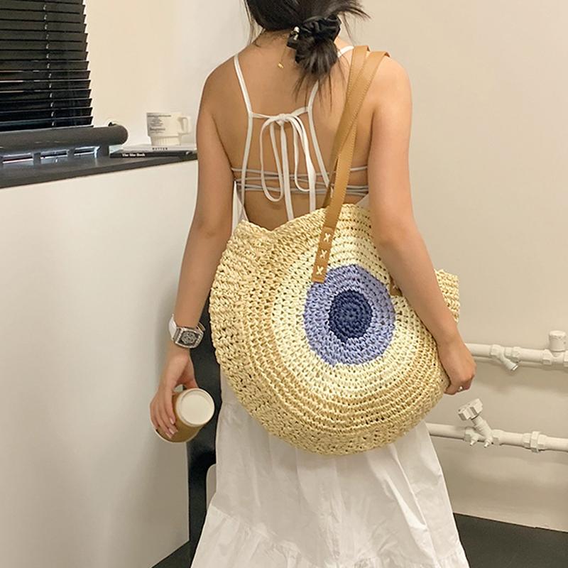 Straw Bag Women Hand-Woven Handbag Round Shape Rattan Bag Big Capacity Casual Beach Shoulder Crossbody Bag