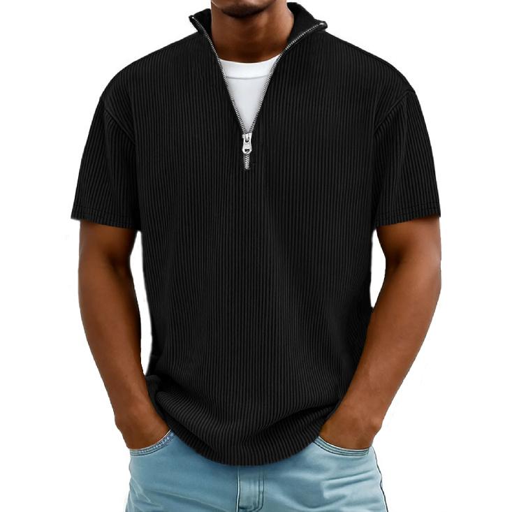2026 Spring/Summer New Men s Stand Collar Zipper Corduroy Casual Short Sleeve Polo Shirt S чёрный