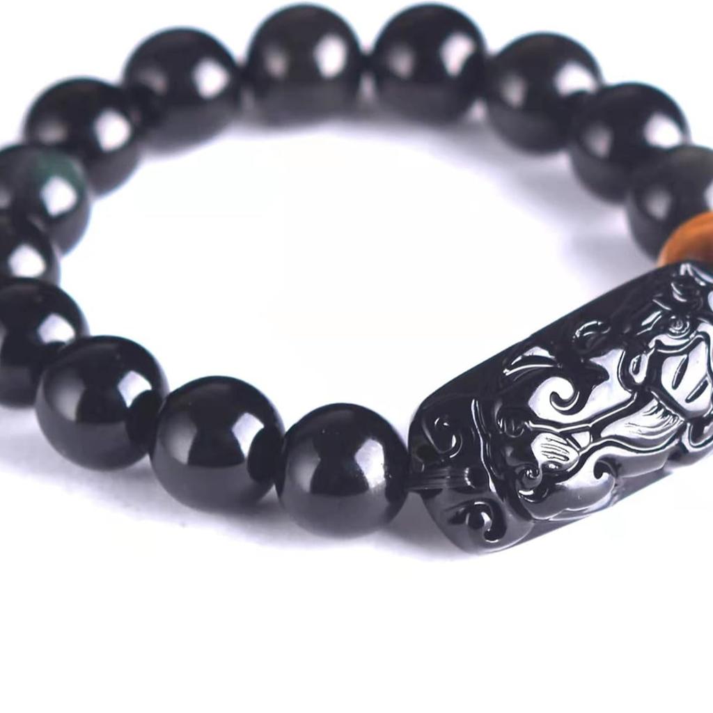 Black Obsidian Wealth Bracelet, Feng Shui Pixiu & Tiger Eye Stone, Unisex Design