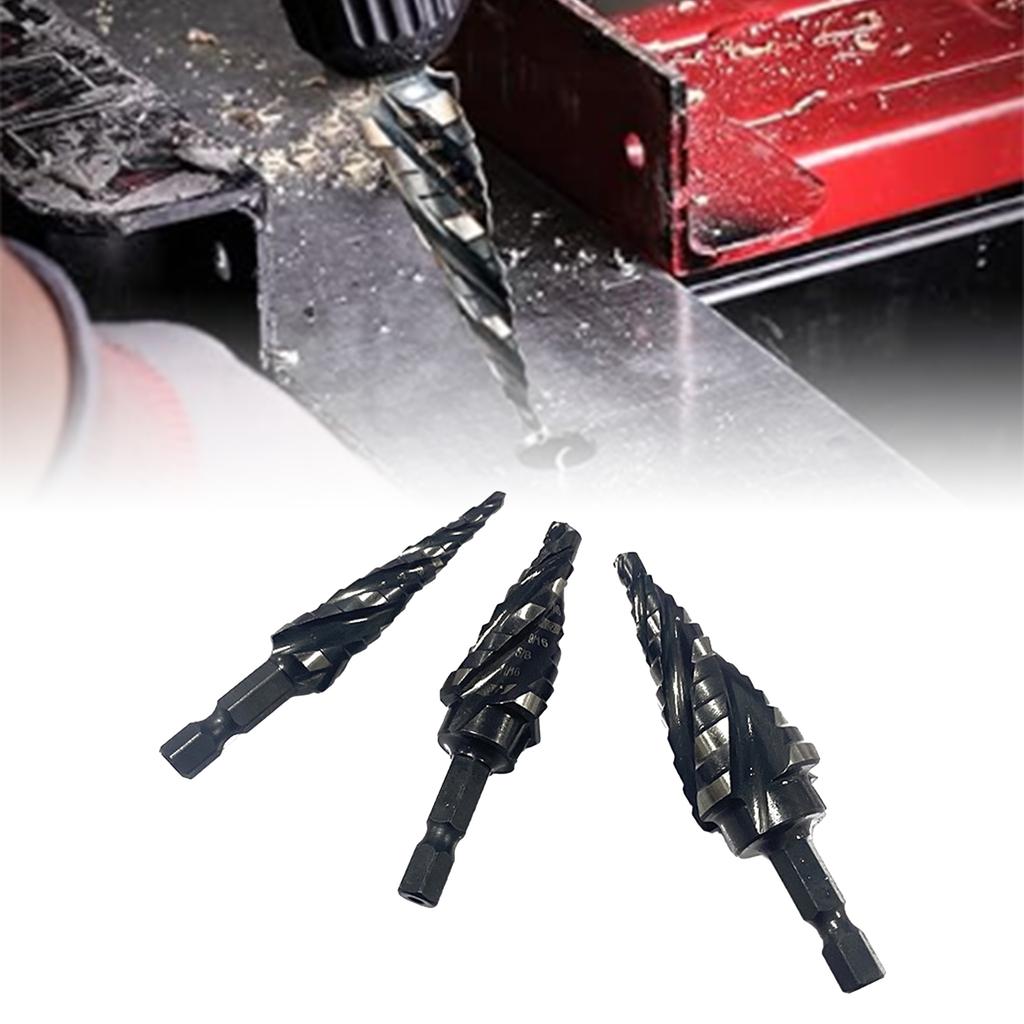 3PC Step Drill Bit Set 1/4" Shank High Speed Steel Step Drill Bit for Sheet Aluminium Metal Wood Hole Drilling Taper