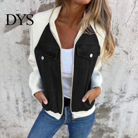Women Outerwear Fall Winter Jacket Color Matching Zip-up Pockets Cardigan Long Sleeves Chest Flap Pocket Patchwork Raglan Shoulder Turn-down