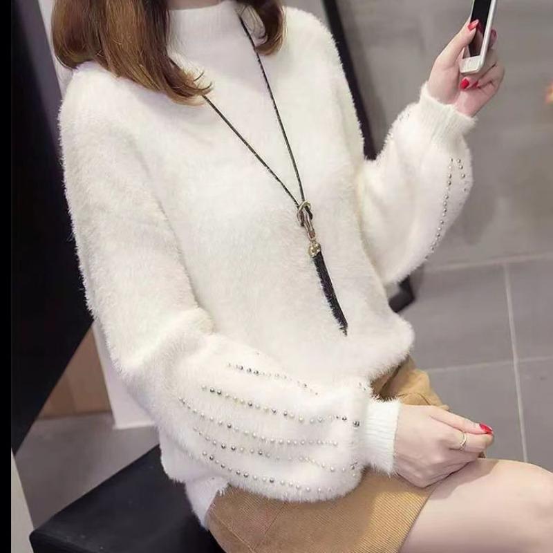 Long Sleeved Sweater for Women In Autumn Winter Simple Pullover Semi High Neck Imitation Mink Fur Gentle Knit Sweater for Women