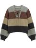 Damen Retro Gestreifter Schnür-V-Ausschnitt Gestrickter Slim Fit Pullover für Herbst/Winter