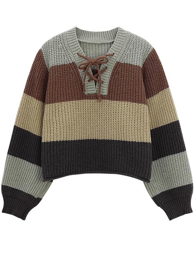 Damen Retro Gestreifter Schnür-V-Ausschnitt Gestrickter Slim Fit Pullover für Herbst/Winter