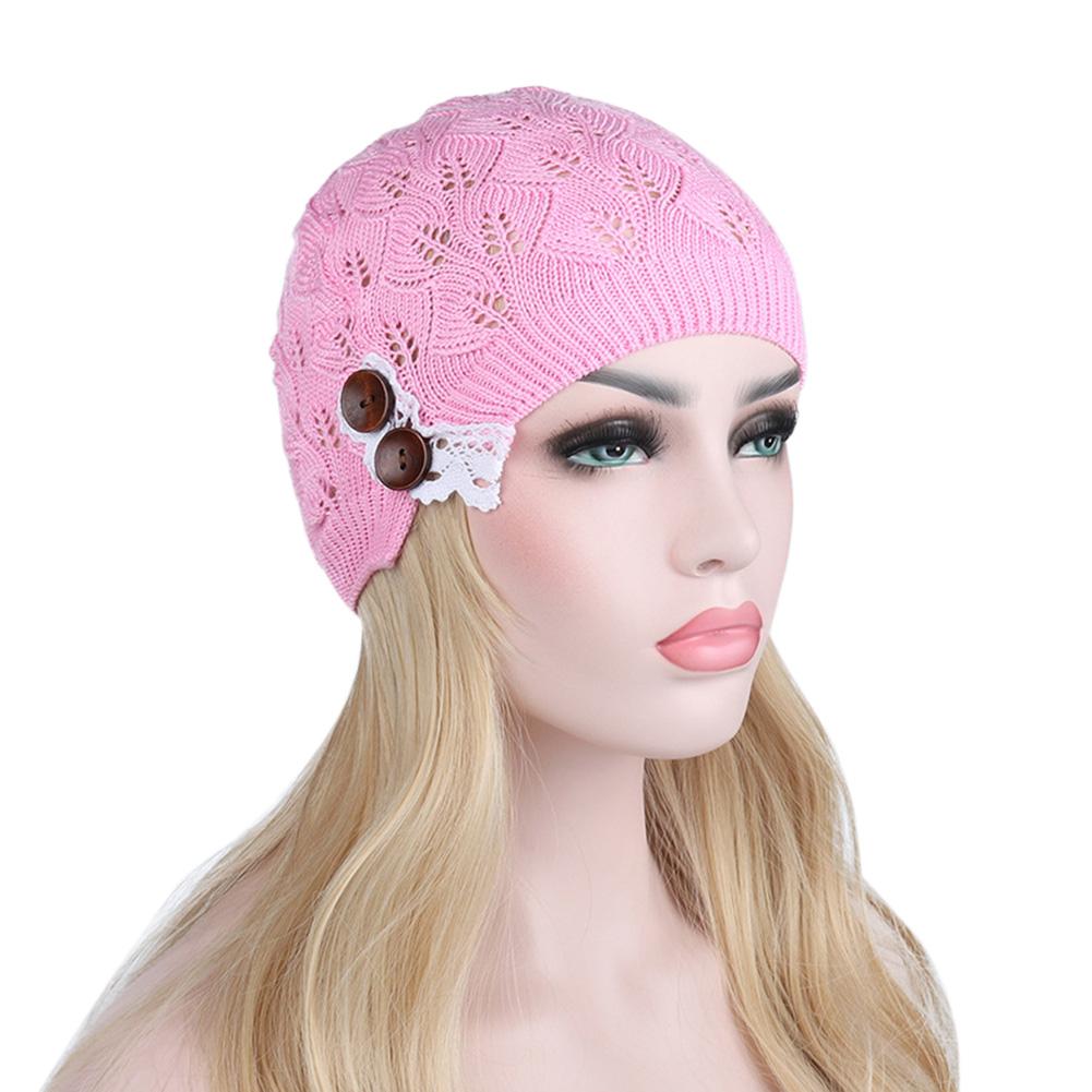 Fashion Autumn Women Knitting Beanie Skullies Hat Casual Hollow Out Leaves Lace Button Baggy Wool Cap
