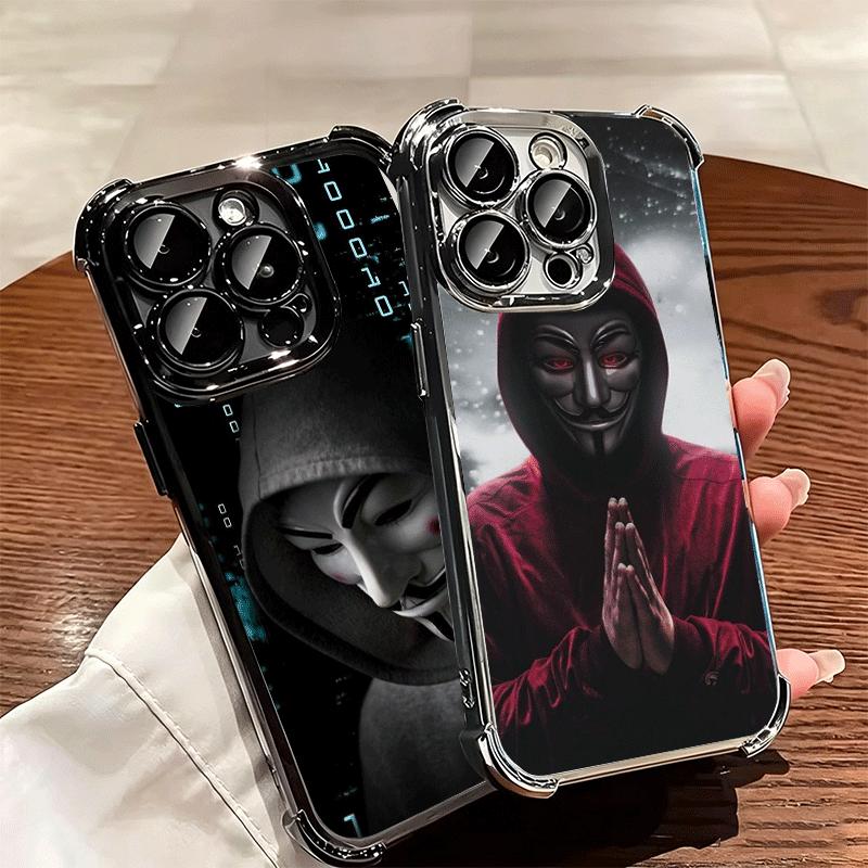Anonymous V Mask Plating Phone Case For Iphone 16 17 Pro Max Air 16E 14 15 Plus 12 13 Mini Anti-Fall Airabag Cover