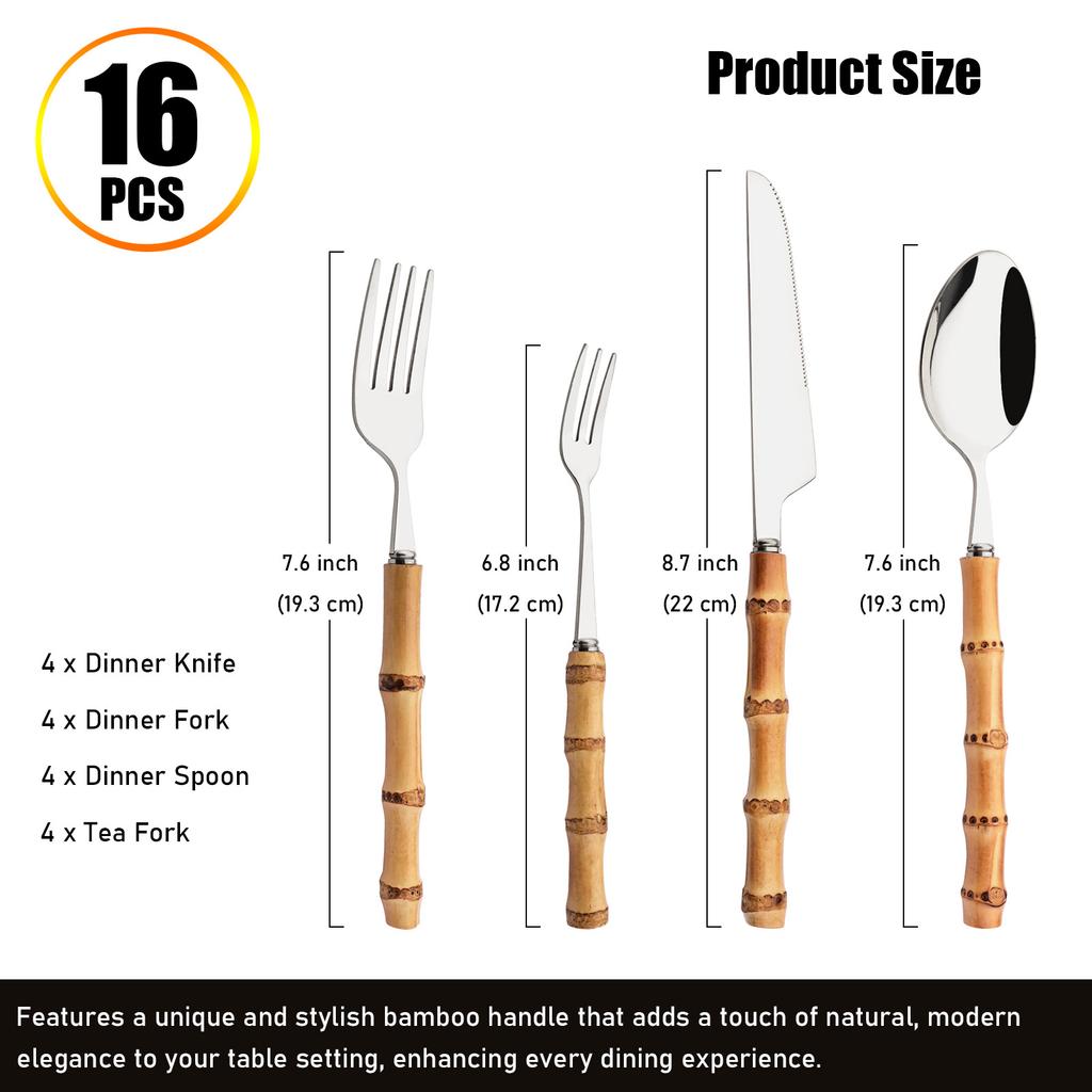 16-Piece Bamboo Handle Silverware Set Stainless Steel Flatware Set Include Spoons Forks Knives and Tea Forks, Cutlery Utensils Serves 4