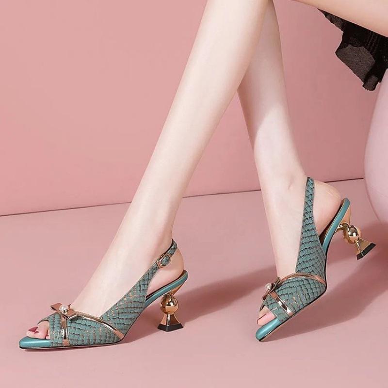 

Foreign trade fish mouth high-heeled sandals 2025 summer new thick heel bow buckle empty open-toed sandals women 40 павлин голубой