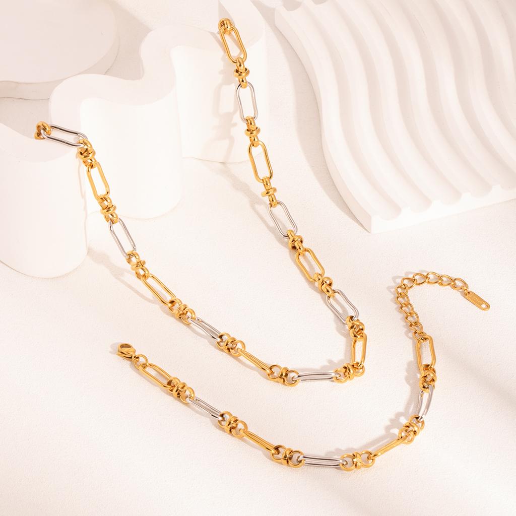  Simple Gold Silver Mix Color Necklace Bracelet Set Simple Metal Texture Unusual for Women Summer Waterproof Charm Jewelry