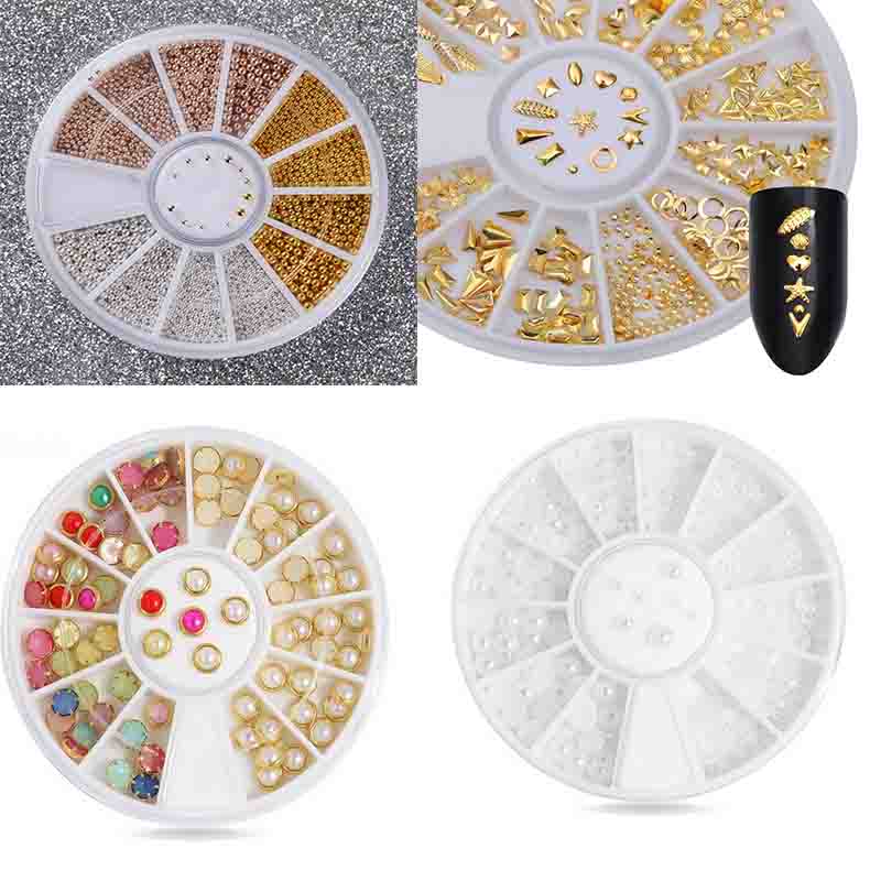 1 Box Rose Gold Rivet Alloy Nail Studs Geometry Star Round 3D Nail Art Decoration In Wheel